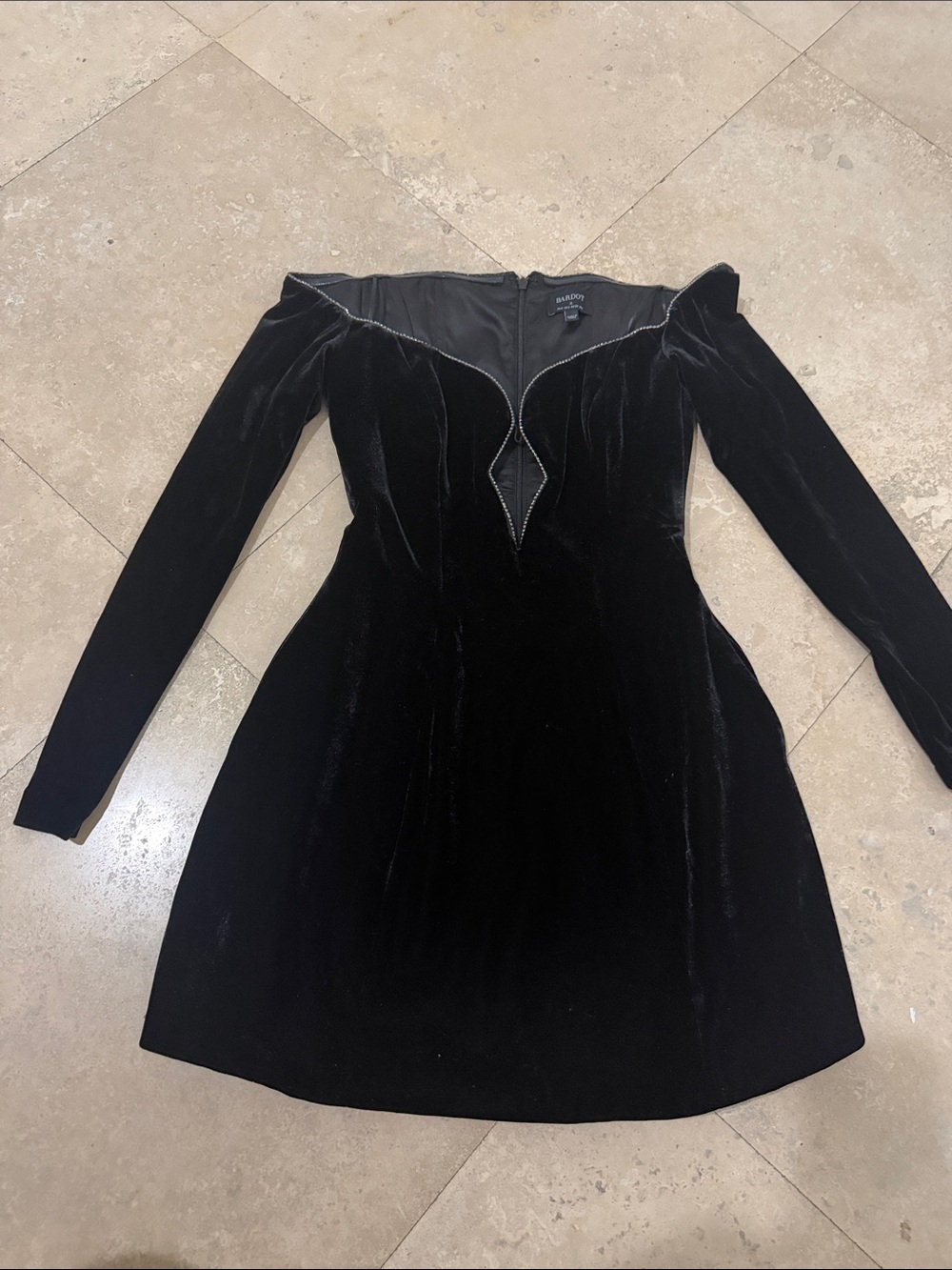 Bardot Black Velvet Long Sleeve Notch-Neck Dress